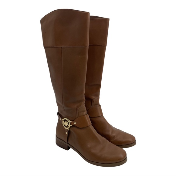MICHAEL KORS Knee High Ankle Strap Leather Riding Boots 7.5 Caramel Brown *Fair* - Picture 1 of 10